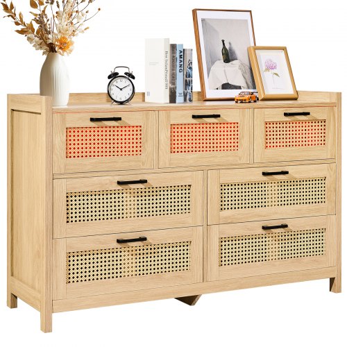 7 Drawer Rattan Dresser, Natural Rattan Wood Dressers with LED Light, Modern Wood Chest Clothing Organizer & Storage Boho Dresser with Sturdy Handles & Legs, for Bedroom, Living Room & Hallway