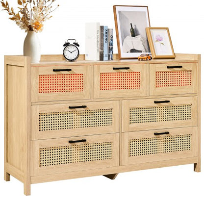7 Drawer Rattan Dresser, Natural Rattan Wood Dressers with LED Light, Modern Wood Chest Clothing Organizer & Storage Boho Dresser with Sturdy Handles & Legs, for Bedroom, Living Room & Hallway