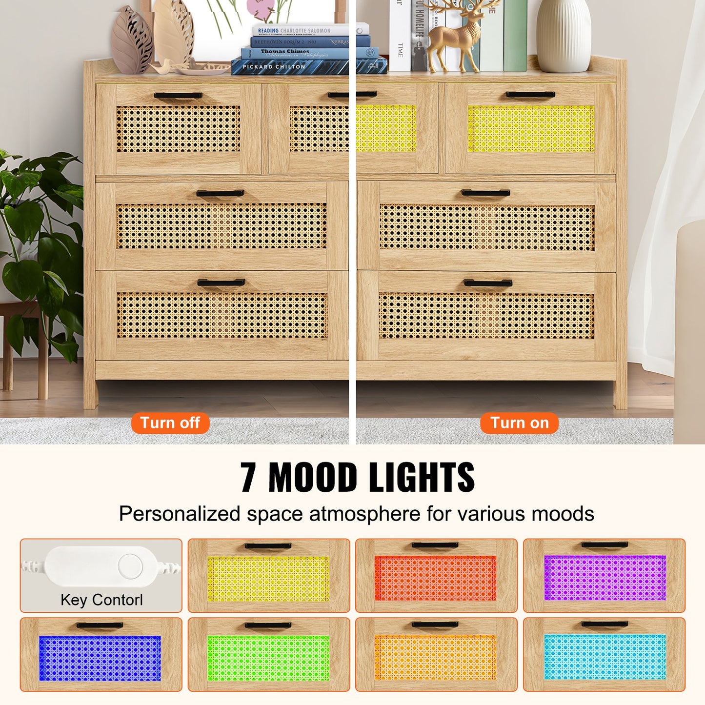 7 Drawer Rattan Dresser, Natural Rattan Wood Dressers with LED Light, Modern Wood Chest Clothing Organizer & Storage Boho Dresser with Sturdy Handles & Legs, for Bedroom, Living Room & Hallway