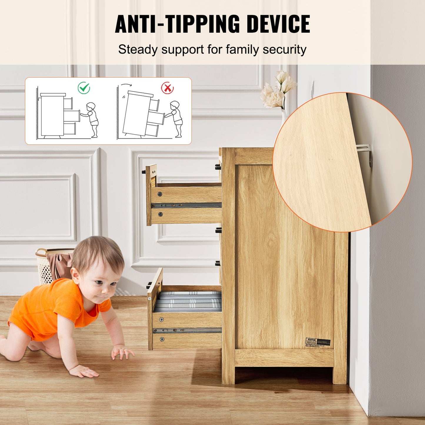 7 Drawer Rattan Dresser, Natural Rattan Wood Dressers with LED Light, Modern Wood Chest Clothing Organizer & Storage Boho Dresser with Sturdy Handles & Legs, for Bedroom, Living Room & Hallway