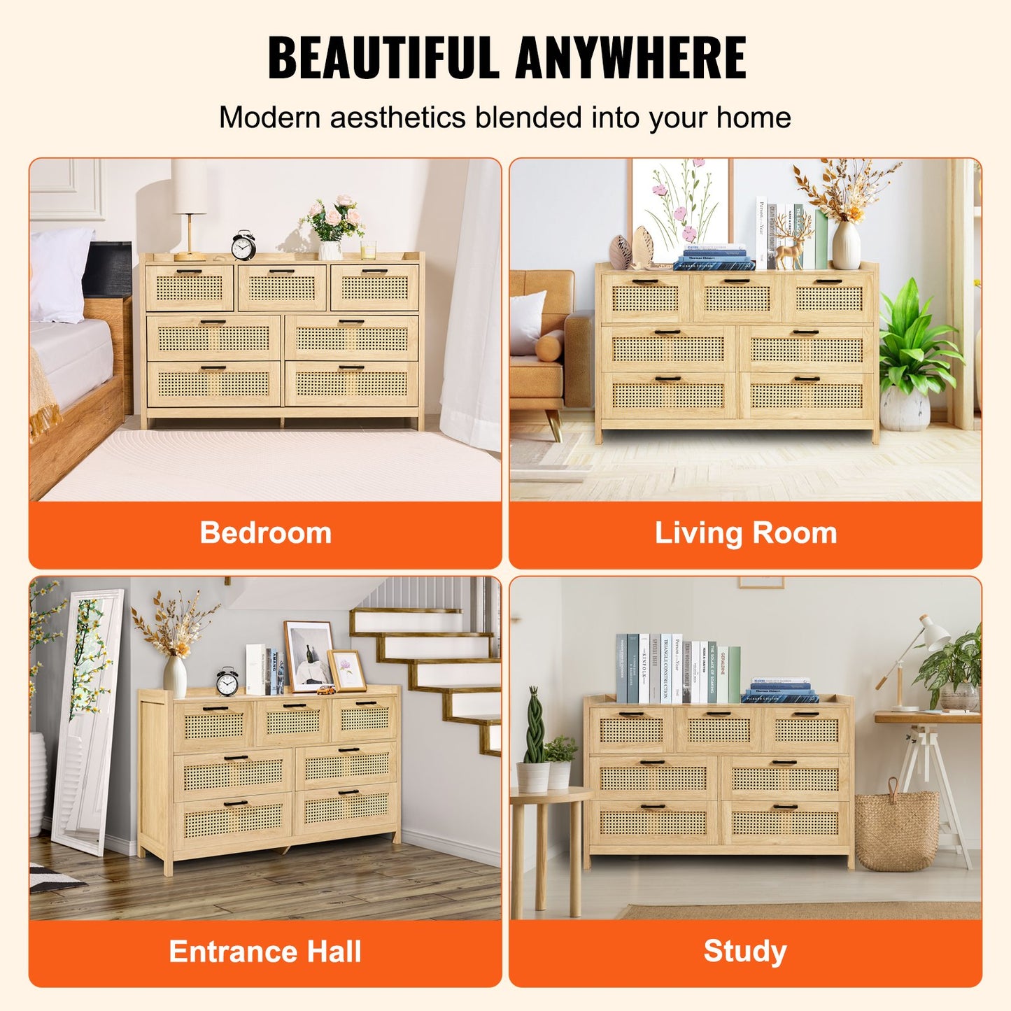 7 Drawer Rattan Dresser, Natural Rattan Wood Dressers with LED Light, Modern Wood Chest Clothing Organizer & Storage Boho Dresser with Sturdy Handles & Legs, for Bedroom, Living Room & Hallway