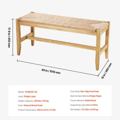 Rottingbänk träbänk 40 tum för entré, vardagsrum och sovrum
