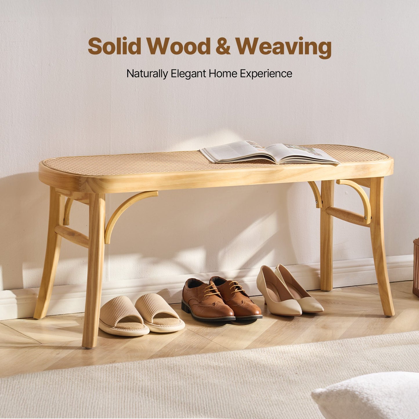 Rattan Bench, 43.3" Wooden Rattan Bench, Entrywway Bench with Oak Wood Legs, Bedroom End of Bed Boho Bench with Hand Woven Rattan, for Living Room, Kitchen