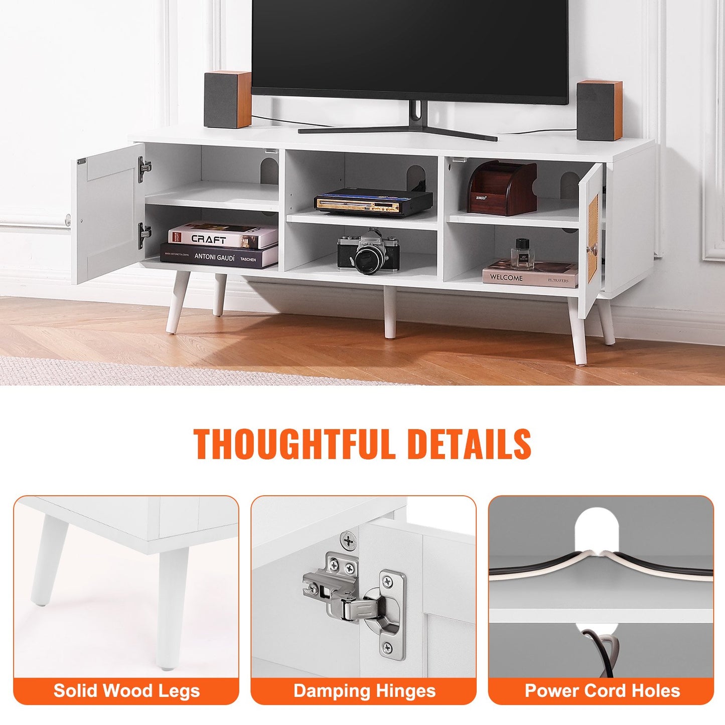 Rattan TV Stand, Boho TV Cabinet for 55 inch TV, Mid Century Modern TV Stand, Rattan TV Console with Adjustable Shelfs for Living Room, Media Room, White