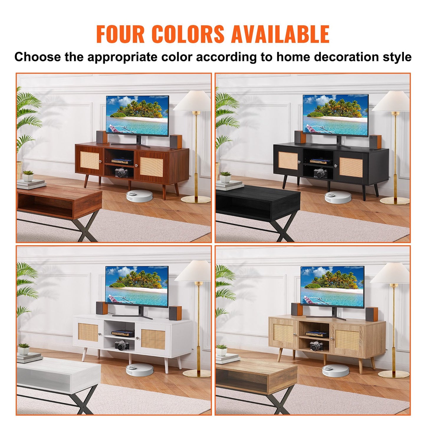 Rattan TV Stand, Boho TV Cabinet for 55 inch TV, Mid Century Modern TV Stand, Rattan TV Console with Adjustable Shelfs for Living Room, Media Room, White