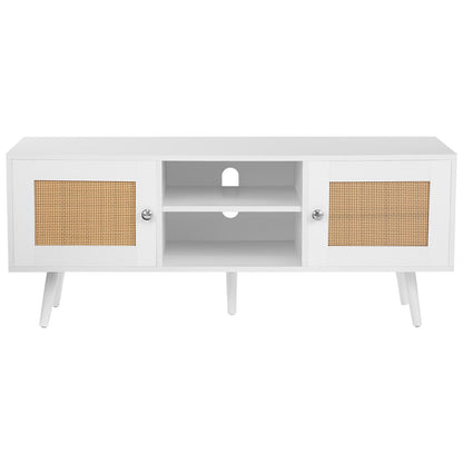Rattan TV Stand, Boho TV Cabinet for 55 inch TV, Mid Century Modern TV Stand, Rattan TV Console with Adjustable Shelfs for Living Room, Media Room, White