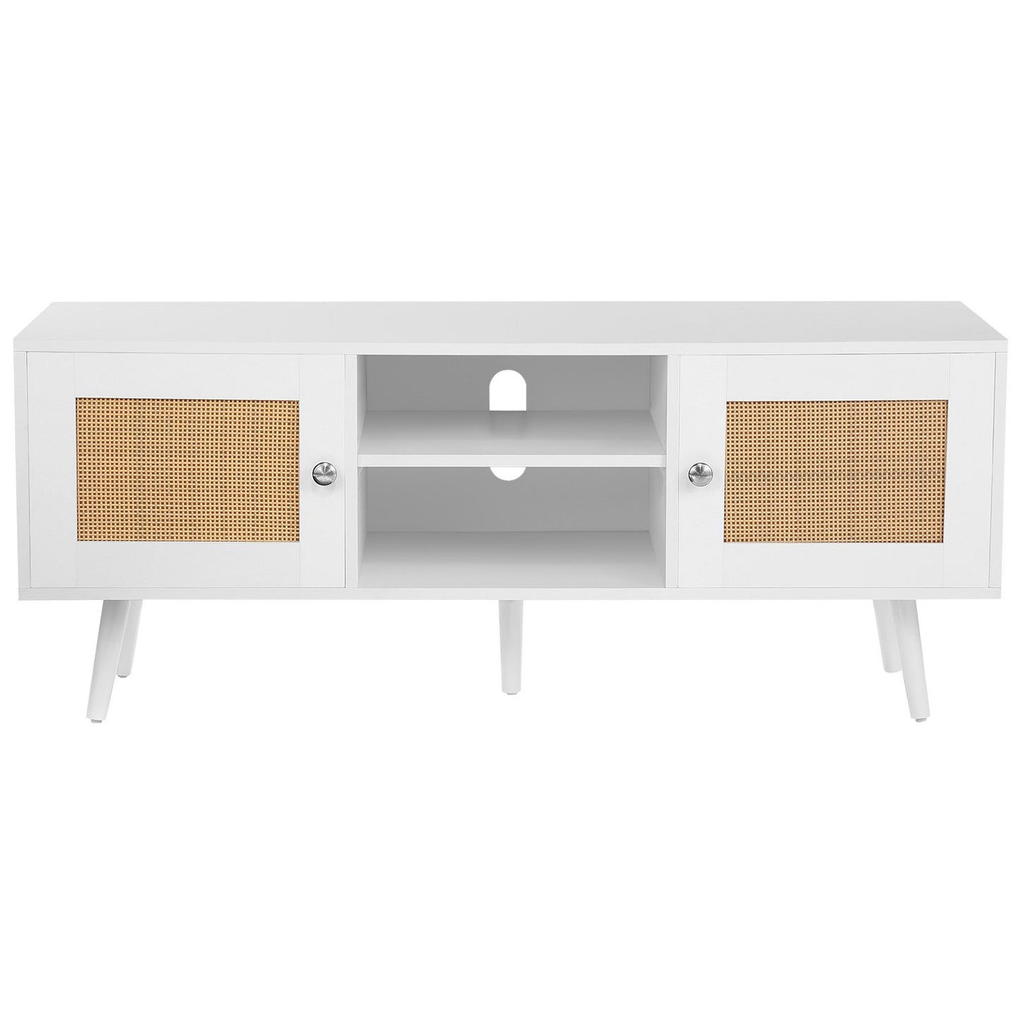 Rotting TV-bänk, Boho TV-skåp för 55-tums TV, Mid Century Modern TV-bänk, Rotting TV-konsol med justerbara hyllor för vardagsrum, mediarum, vit
