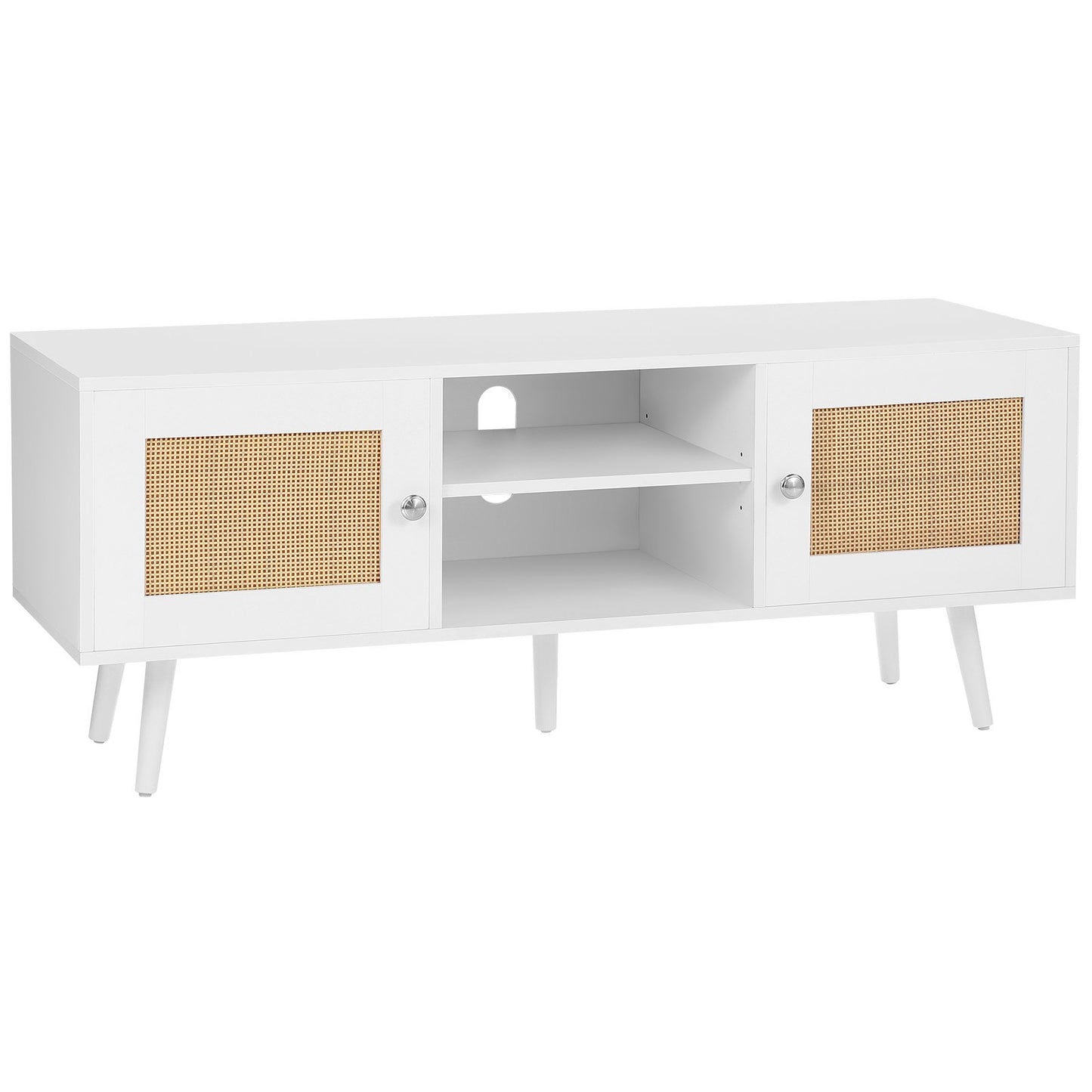 Rattan TV Stand, Boho TV Cabinet for 55 inch TV, Mid Century Modern TV Stand, Rattan TV Console with Adjustable Shelfs for Living Room, Media Room, White