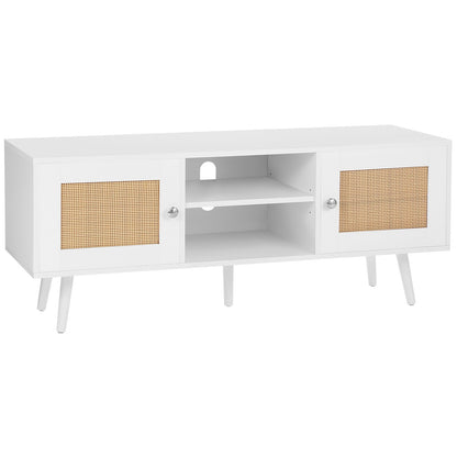 Rotting TV-bänk, Boho TV-skåp för 55-tums TV, Mid Century Modern TV-bänk, Rotting TV-konsol med justerbara hyllor för vardagsrum, mediarum, vit