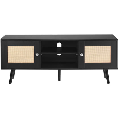 Rattan-TV-Ständer, Boho-TV-Schrank für 55-Zoll-Fernseher, Mid-Century Modern-TV-Ständer, Rattan-TV-Konsole mit verstellbaren Regalen für Wohnzimmer, Medienraum, Schwarz