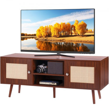 Rattan TV Stand, Boho TV Cabinet for 55 inch TV, Mid Century Modern TV Stand, Rattan TV Console with Adjustable Shelfs for Living Room, Media Room, Walnut