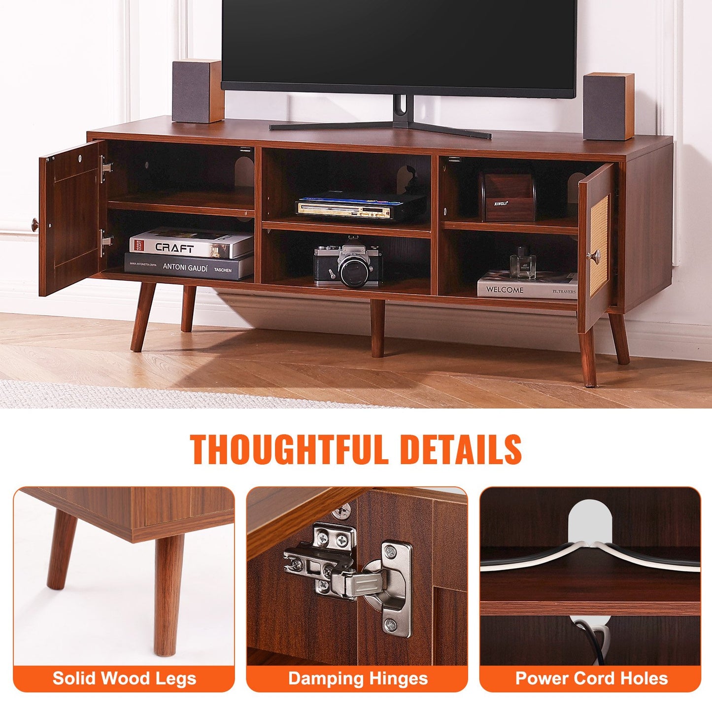 Rattan TV Stand, Boho TV Cabinet for 55 inch TV, Mid Century Modern TV Stand, Rattan TV Console with Adjustable Shelfs for Living Room, Media Room, Walnut
