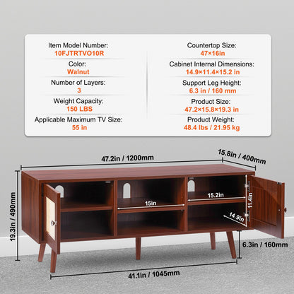 Rattan TV Stand, Boho TV Cabinet for 55 inch TV, Mid Century Modern TV Stand, Rattan TV Console with Adjustable Shelfs for Living Room, Media Room, Walnut