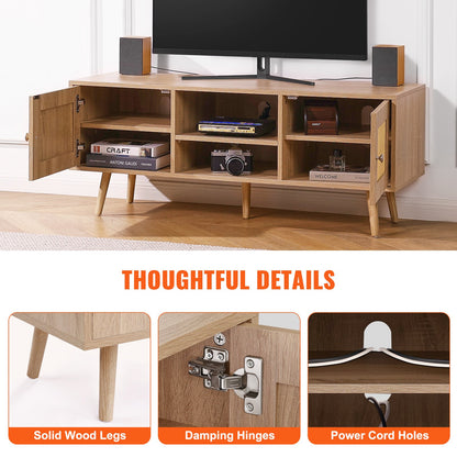 Rattan TV Stand, Boho TV Cabinet for 55 inch TV, Mid Century Modern TV Stand, Rattan TV Console with Adjustable Shelfs for Living Room, Media Room, Oak
