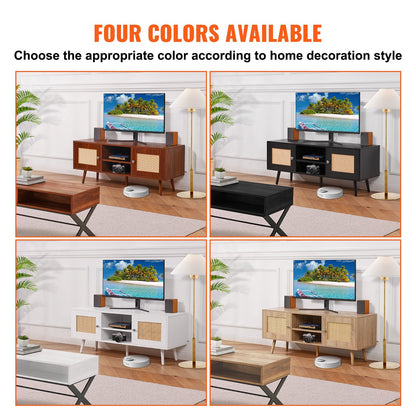 Rattan TV Stand, Boho TV Cabinet for 55 inch TV, Mid Century Modern TV Stand, Rattan TV Console with Adjustable Shelfs for Living Room, Media Room, Oak