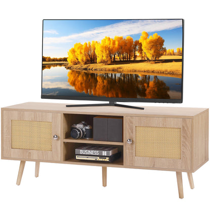 Rattan TV Stand, Boho TV Cabinet for 55 inch TV, Mid Century Modern TV Stand, Rattan TV Console with Adjustable Shelfs for Living Room, Media Room, Oak