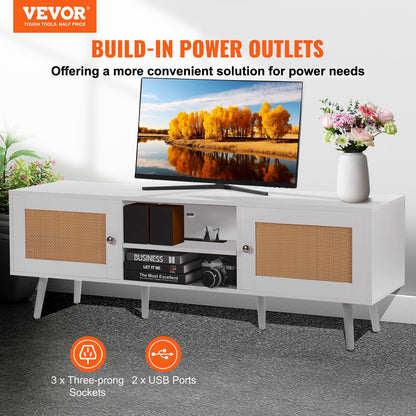 Rattan TV Stand for 65 inch TV, Boho TV Stand with Rattan Door, Entertainment Center with Build-in Socket and USB Ports, Modern TV Console for Living Room, Media Room, White