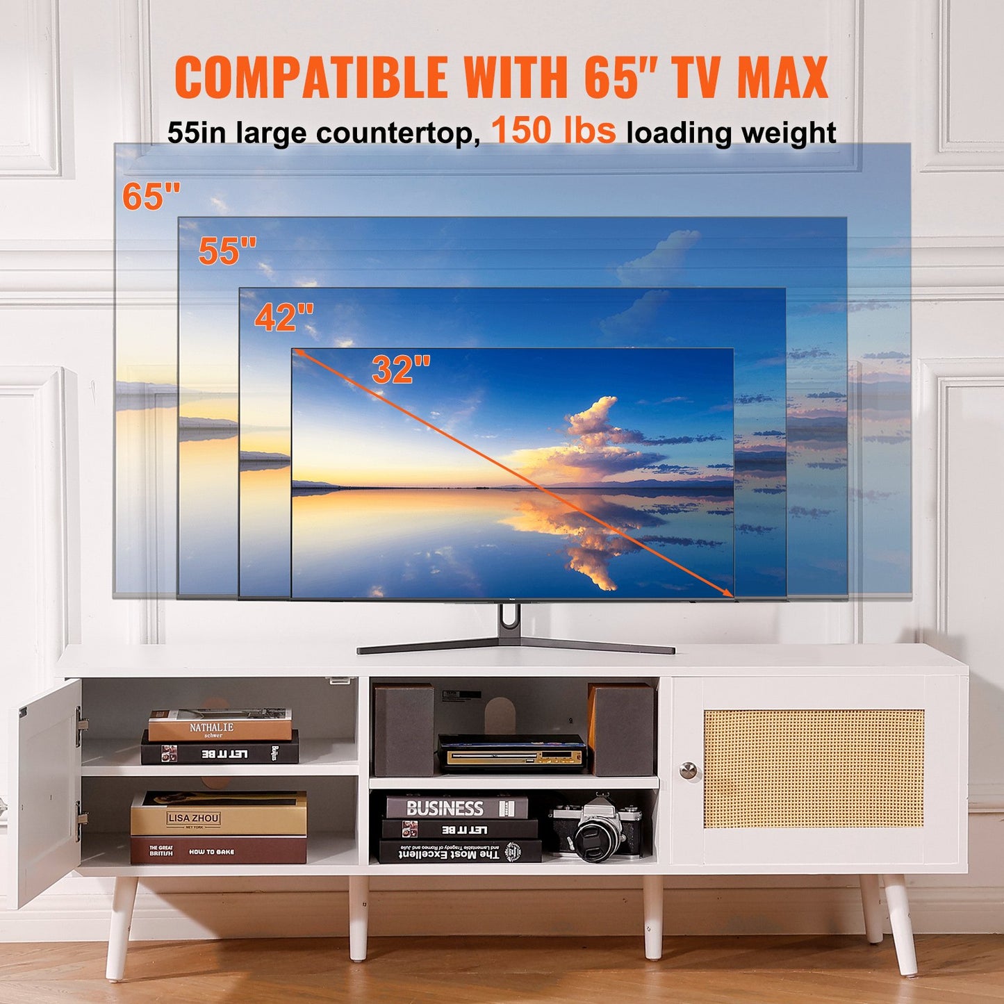 Rattan TV-Ständer für 65" Fernseher Boho TV-Ständer mit eingebauter Steckdose Weiß