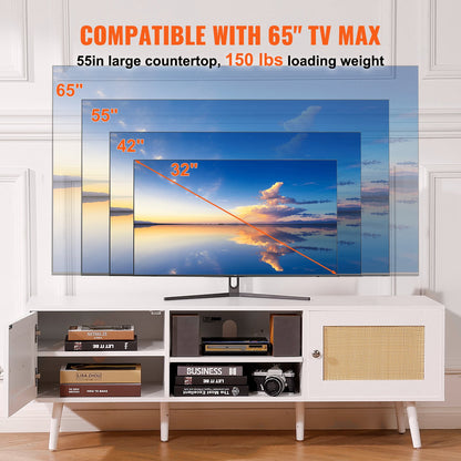 Rattan TV-Ständer für 65" Fernseher Boho TV-Ständer mit eingebauter Steckdose Weiß