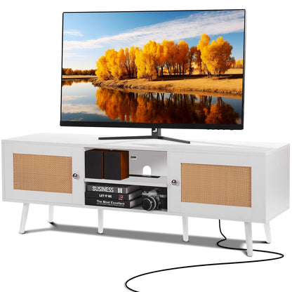 Rattan TV-Ständer für 65" Fernseher Boho TV-Ständer mit eingebauter Steckdose Weiß
