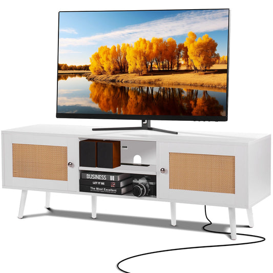 Rattan TV-ställ för 65" TV Boho TV-ställ med inbyggt uttag Vit