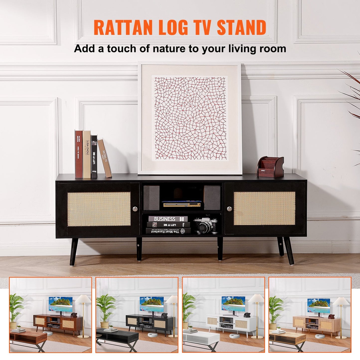 Rattan TV Stand for 65 inch TV, Boho TV Stand with Rattan Door, Entertainment Center with Build-in Socket and USB Ports, Modern TV Console for Living Room, Media Room, Black