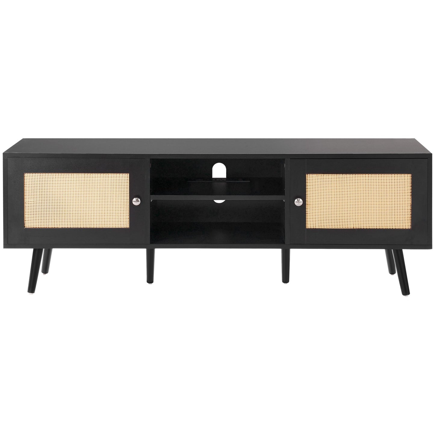 Rattan TV Stand for 65 inch TV, Boho TV Stand with Rattan Door, Entertainment Center with Build-in Socket and USB Ports, Modern TV Console for Living Room, Media Room, Black