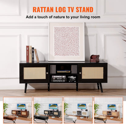 Rattan TV-ställ för 65" TV Boho TV-ställ med inbyggt uttag Svart