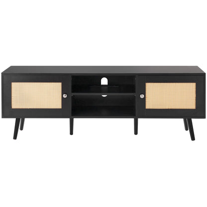 Rattan TV-ställ för 65" TV Boho TV-ställ med inbyggt uttag Svart