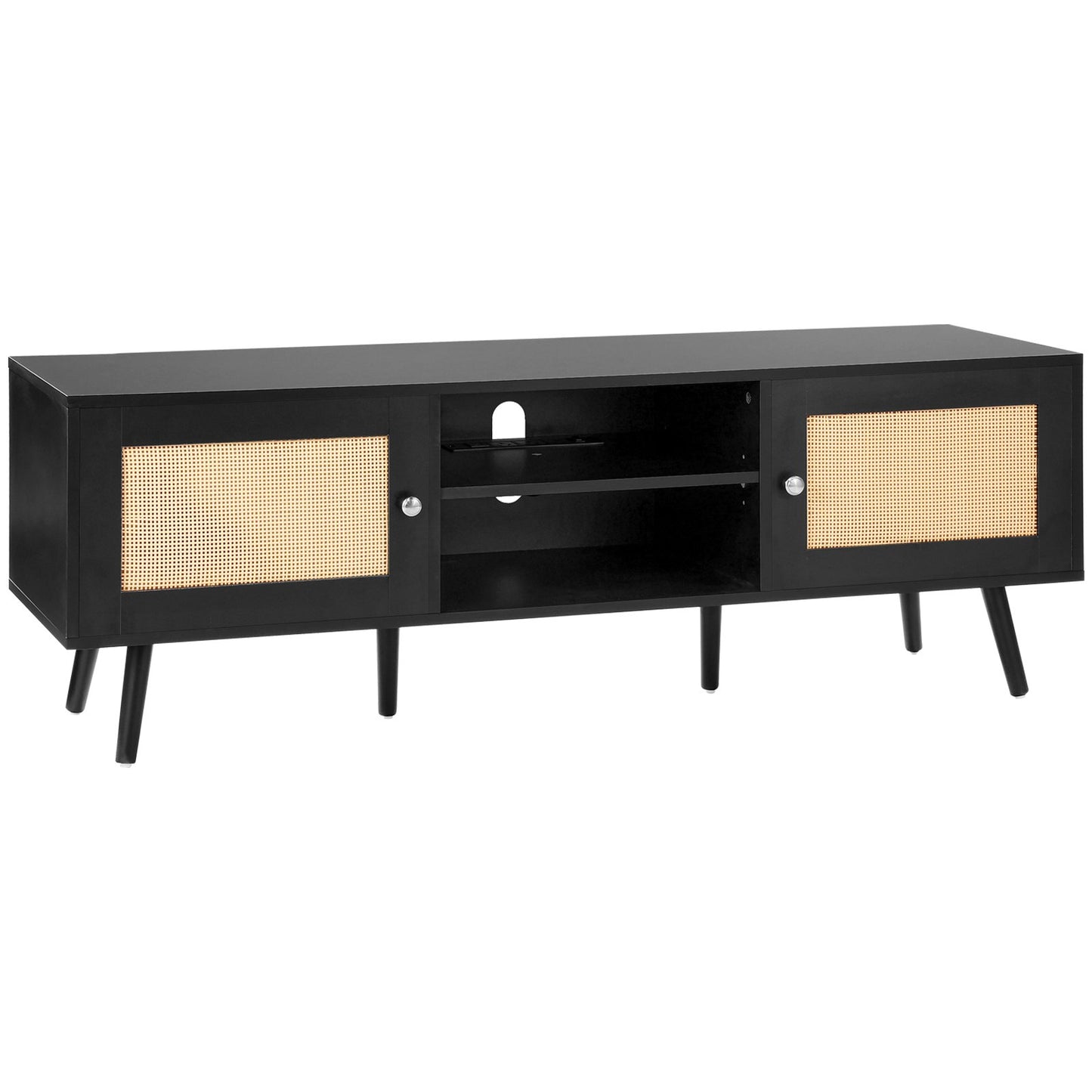 Rattan TV-ställ för 65" TV Boho TV-ställ med inbyggt uttag Svart