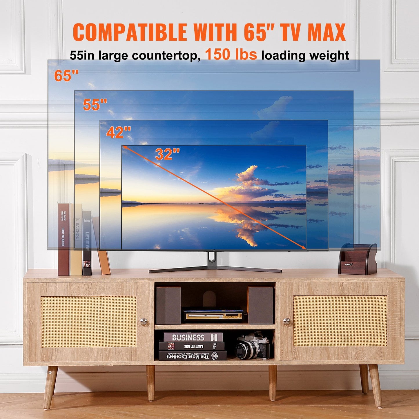 Rattan TV Stand, Mid Century Modern TV Stand for 65 inch TV, Boho Rattan TV Cabinet with Build-in Socket and USB Ports, Adjustable Shelfs for Living Room, Media Room, Oak