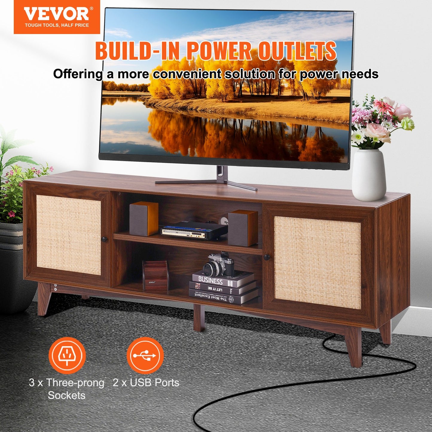 Rattan TV Stand for 75in TV, Boho TV Stand with Rattan Door, Entertainment Center with Build-in Socket, Storage Cabinet with 2 Shelves, Modern TV Console for Living Room, Media Room, Walnut