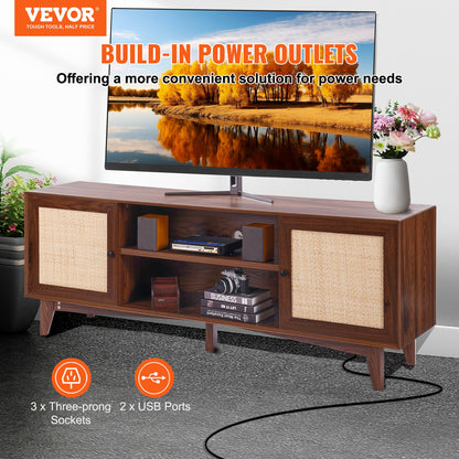 Rattan TV Stand for 75in TV, Boho TV Stand with Rattan Door, Entertainment Center with Build-in Socket, Storage Cabinet with 2 Shelves, Modern TV Console for Living Room, Media Room, Walnut