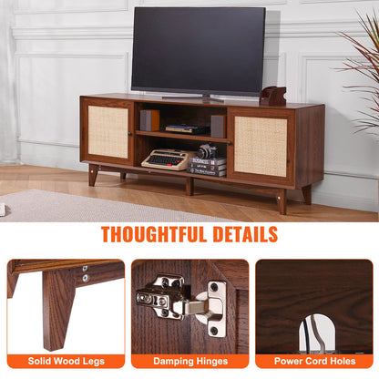 Rattan TV Stand for 75in TV, Boho TV Stand with Rattan Door, Entertainment Center with Build-in Socket, Storage Cabinet with 2 Shelves, Modern TV Console for Living Room, Media Room, Walnut