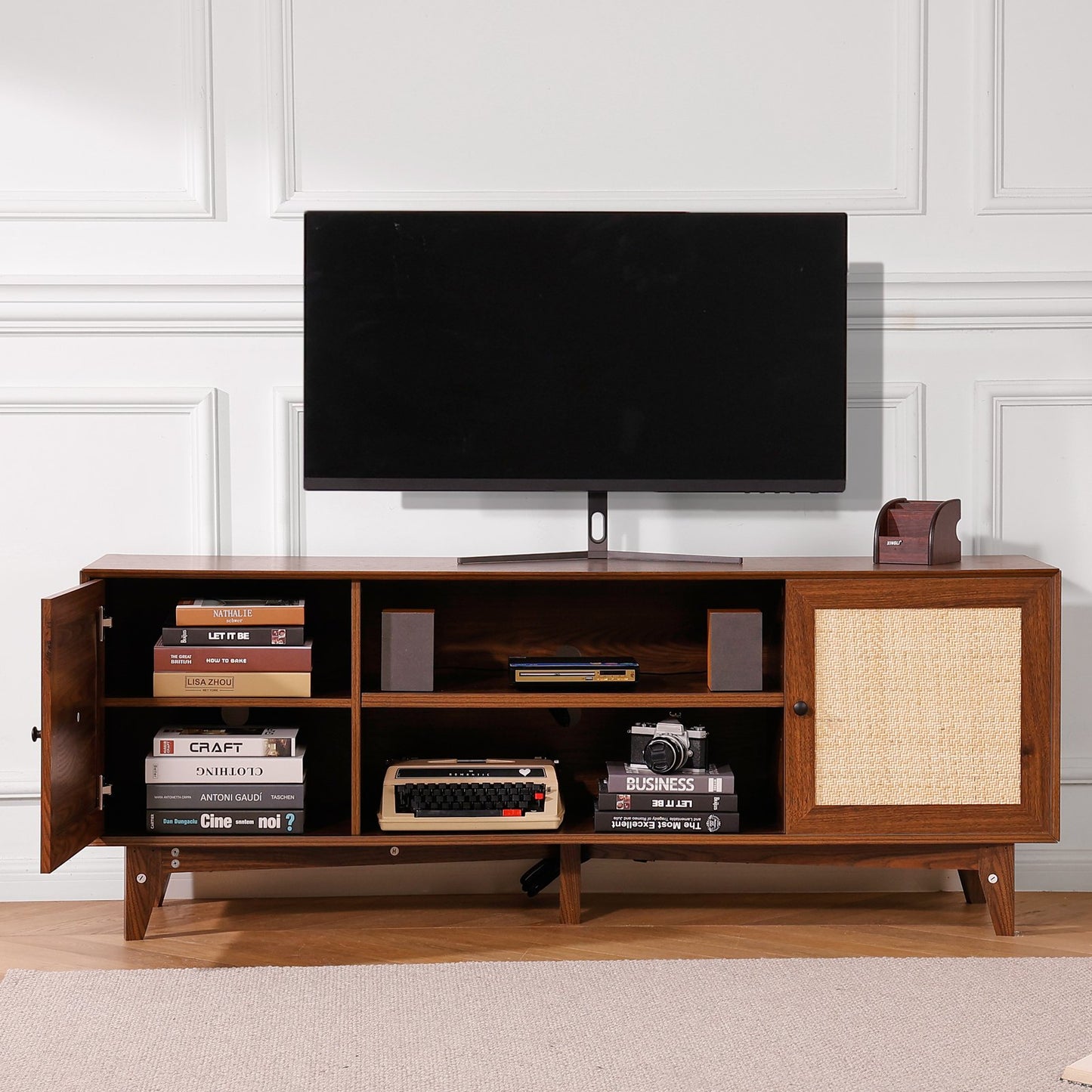 Rattan TV Stand for 75in TV, Boho TV Stand with Rattan Door, Entertainment Center with Build-in Socket, Storage Cabinet with 2 Shelves, Modern TV Console for Living Room, Media Room, Walnut
