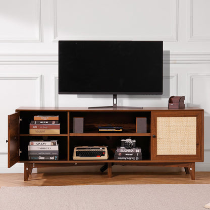 Rattan TV Stand for 75in TV, Boho TV Stand with Rattan Door, Entertainment Center with Build-in Socket, Storage Cabinet with 2 Shelves, Modern TV Console for Living Room, Media Room, Walnut