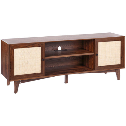 Rattan TV Stand for 75in TV, Boho TV Stand with Rattan Door, Entertainment Center with Build-in Socket, Storage Cabinet with 2 Shelves, Modern TV Console for Living Room, Media Room, Walnut