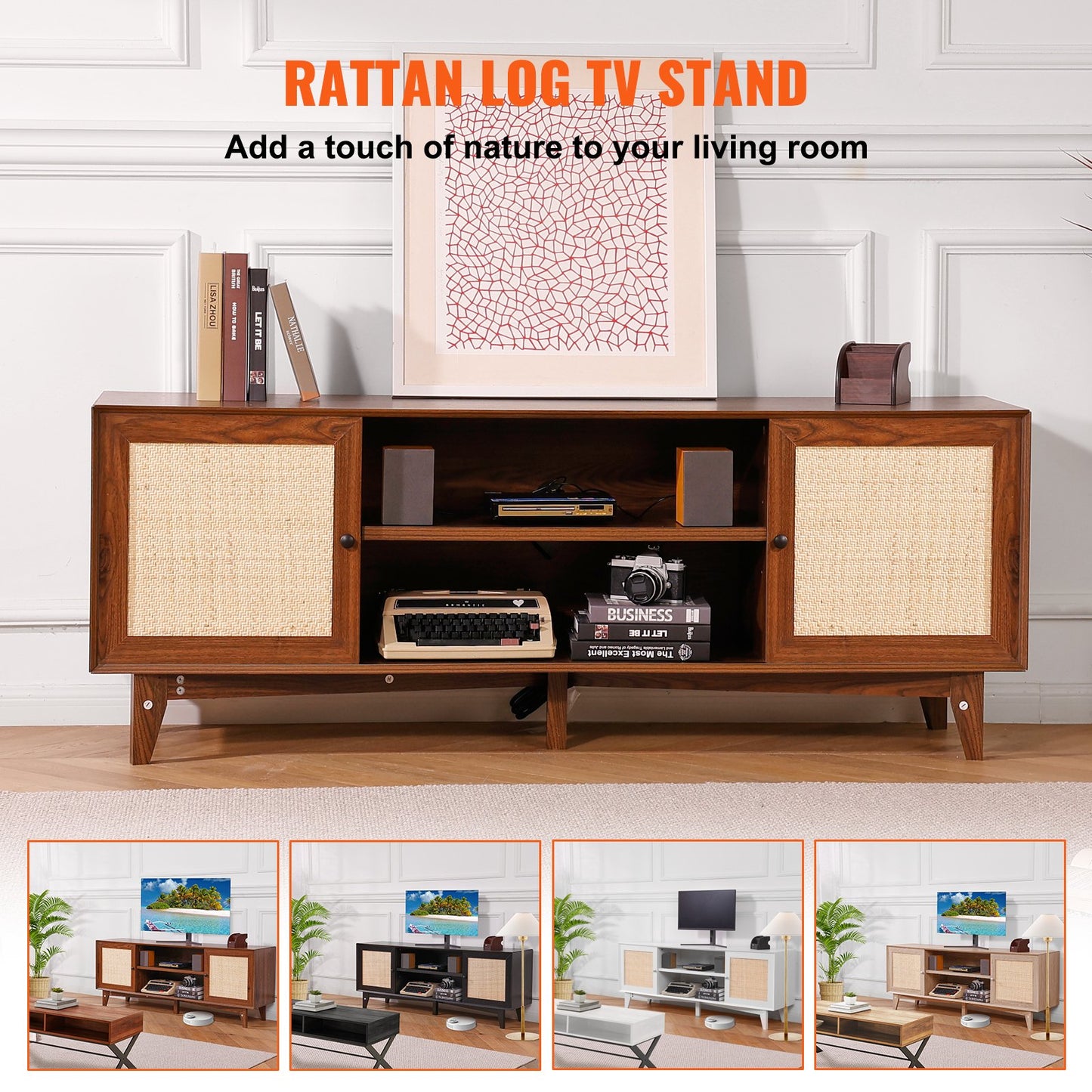 Rattan-TV-Ständer 191cm Fernseher Boho-TV-Schrank Fernsehschrank Walnuss