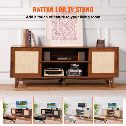 Rattan-TV-Ständer 191cm Fernseher Boho-TV-Schrank Fernsehschrank Walnuss