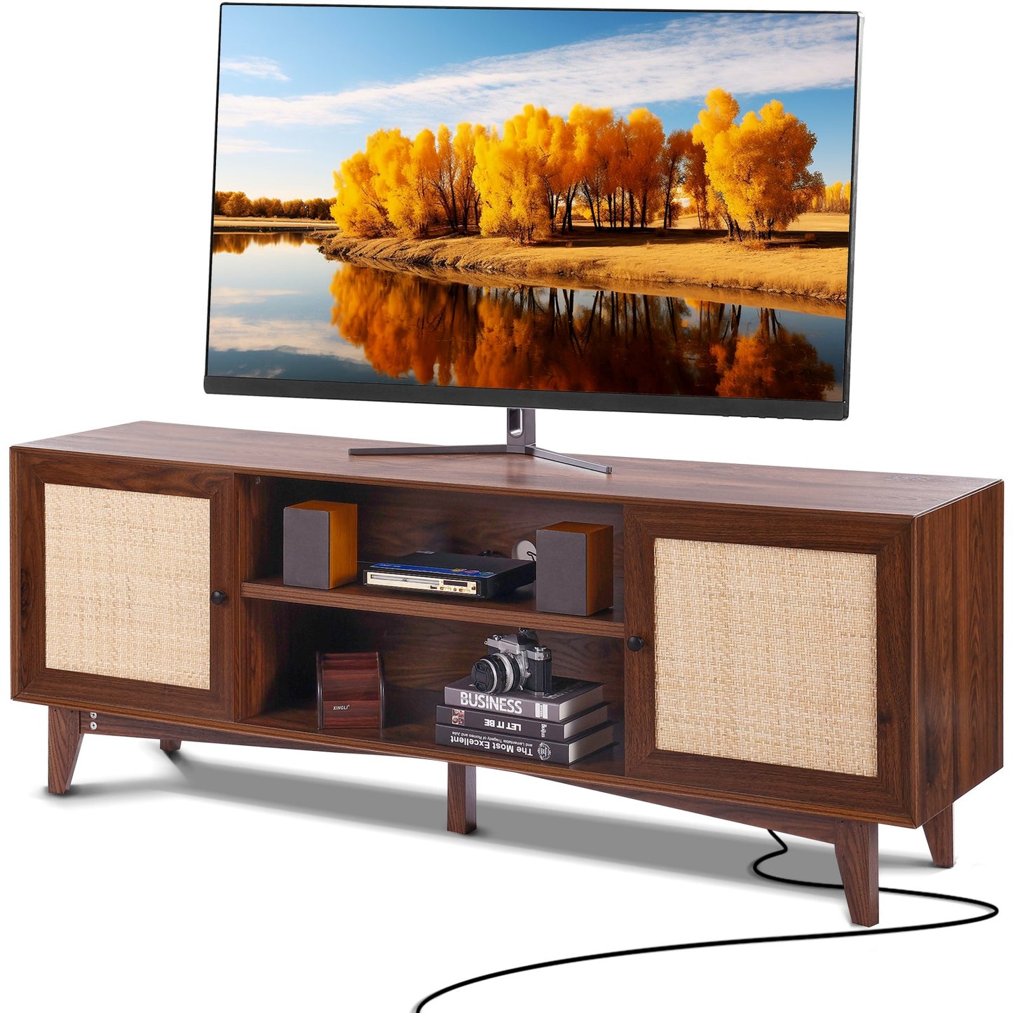 Rattan-TV-Ständer 191cm Fernseher Boho-TV-Schrank Fernsehschrank Walnuss