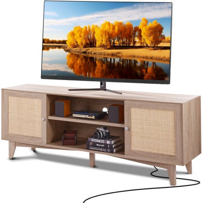 Rattan TV Stand, Mid Century Modern TV Stand for 75 inch TV, Boho Rattan TV Cabinet with Build-in Socket and USB Ports, Adjustable Shelfs for Living Room, Media Room, Oak