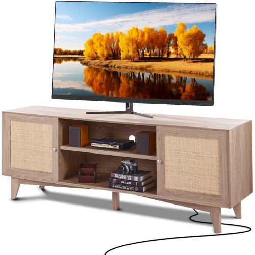 Rattan TV Stand, Mid Century Modern TV Stand for 75 inch TV, Boho Rattan TV Cabinet with Build-in Socket and USB Ports, Adjustable Shelfs for Living Room, Media Room, Oak