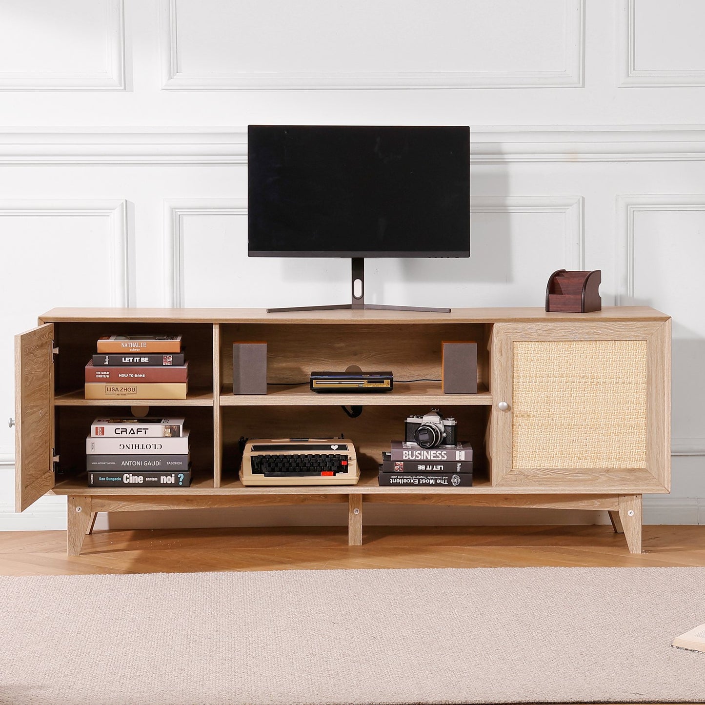 Rattan TV Stand, Mid Century Modern TV Stand for 75 inch TV, Boho Rattan TV Cabinet with Build-in Socket and USB Ports, Adjustable Shelfs for Living Room, Media Room, Oak