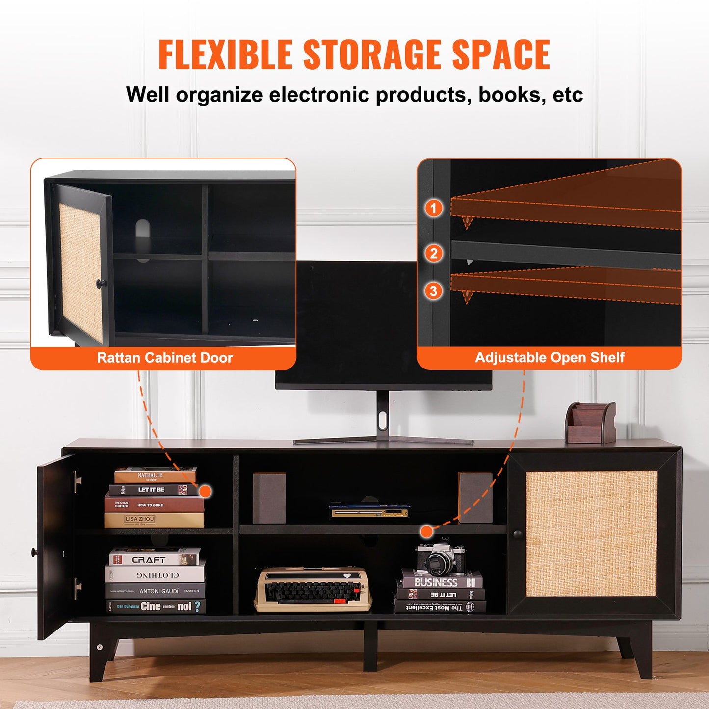 Rattan TV-ställ för 75" TV Boho TV-ställ med inbyggt uttag Svart