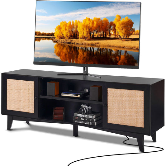 Rattan TV-ställ för 75" TV Boho TV-ställ med inbyggt uttag Svart