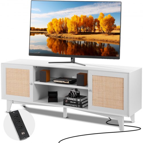 Rattan TV Stand for 75in TV, Boho TV Stand with Rattan Door, Entertainment Center with Build-in Socket, Storage Cabinet with 2 Shelves, Modern TV Console for Living Room, Media Room, White