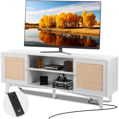 Rattan TV Stand for 75in TV, Boho TV Stand with Rattan Door, Entertainment Center with Build-in Socket, Storage Cabinet with 2 Shelves, Modern TV Console for Living Room, Media Room, White