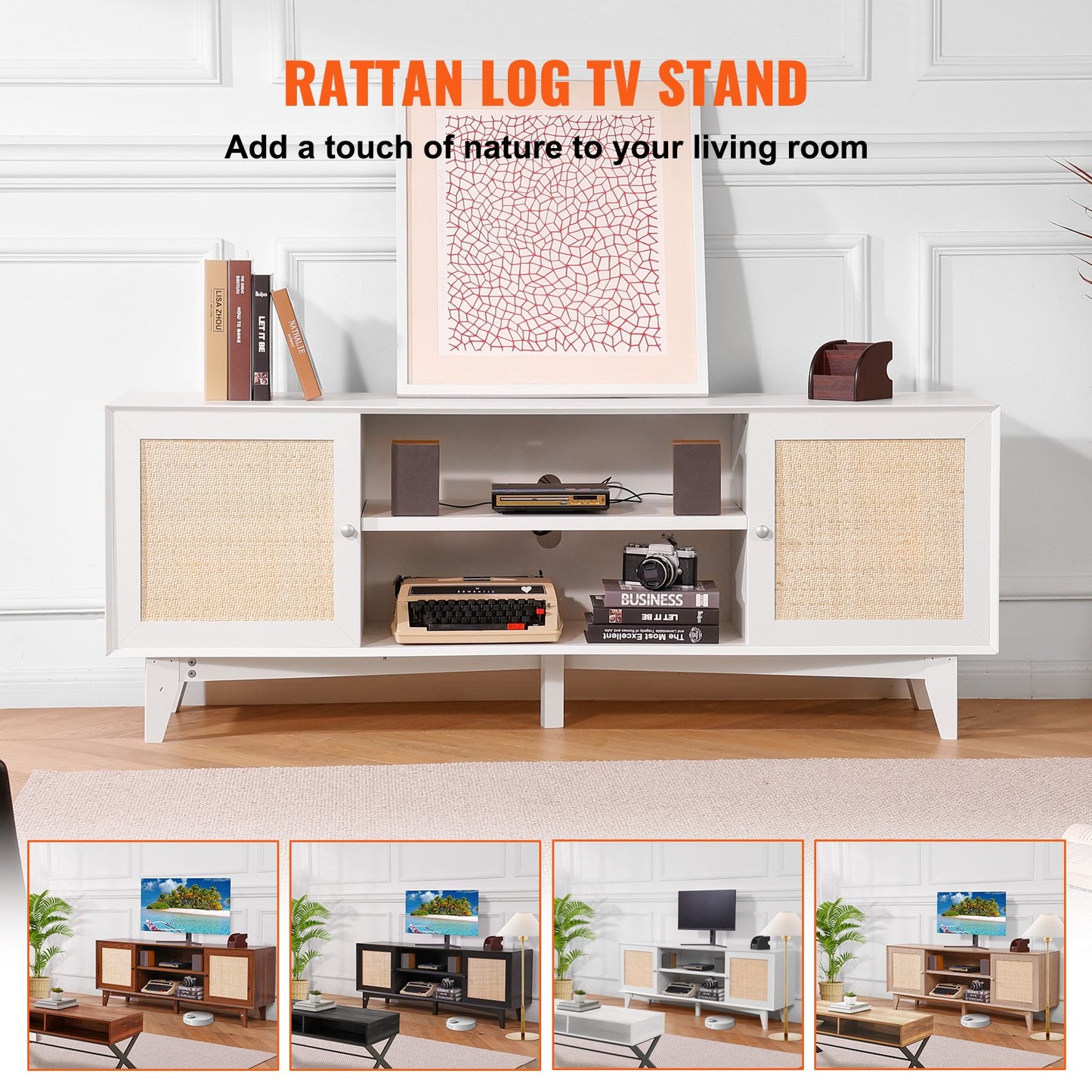 Rattan TV Stand for 75in TV, Boho TV Stand with Rattan Door, Entertainment Center with Build-in Socket, Storage Cabinet with 2 Shelves, Modern TV Console for Living Room, Media Room, White