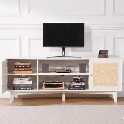 Rattan TV Stand for 75in TV, Boho TV Stand with Rattan Door, Entertainment Center with Build-in Socket, Storage Cabinet with 2 Shelves, Modern TV Console for Living Room, Media Room, White