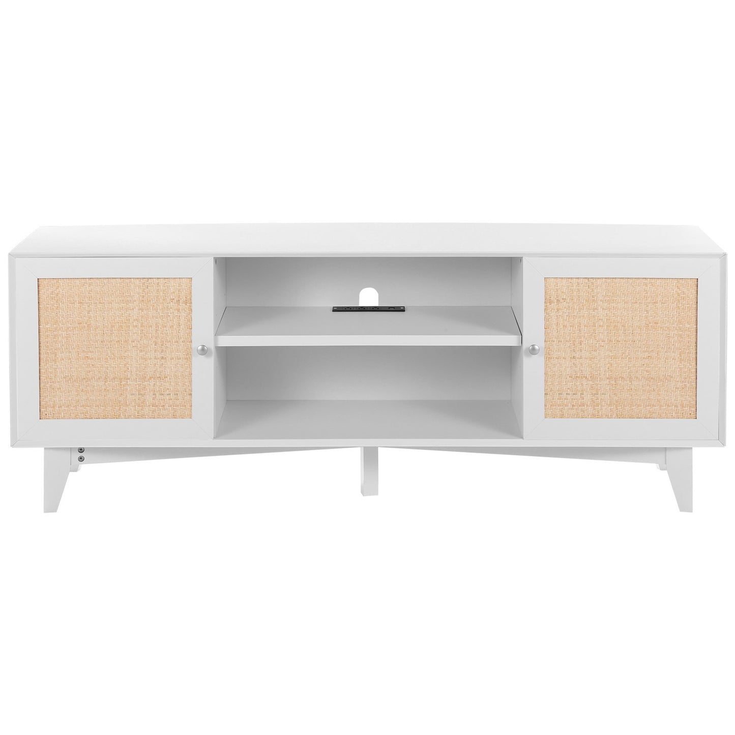 Rattan TV Stand for 75in TV, Boho TV Stand with Rattan Door, Entertainment Center with Build-in Socket, Storage Cabinet with 2 Shelves, Modern TV Console for Living Room, Media Room, White